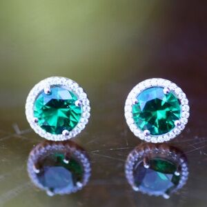 Handmade Halo Style Emerald Earrings Sterling Silver , May Birthstone